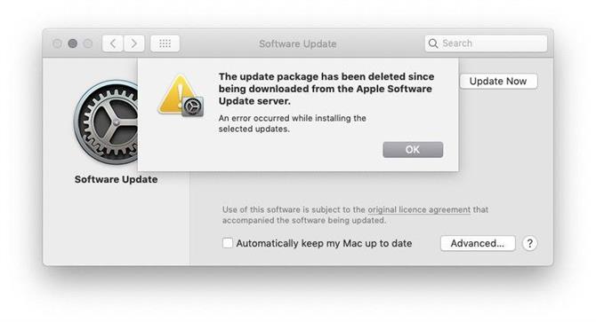 pakiet aktualizacji został usunięty po pobraniu z serwera aktualizacji oprogramowania Apple